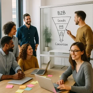 B2B lead generation: colleghi attorno a una lavagna che parlano del funnel