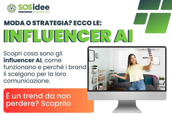 Computer con influencer digitali e testi che invitano a scoprire se gli ai influencer sono solo una moda o strategia