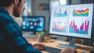 Uomo che guarda il computer per vedere il suo audit efficace per le campagne ADV